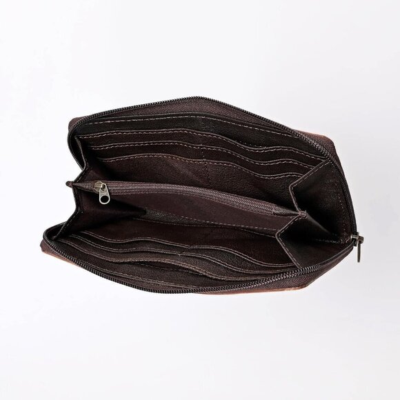 ⭐Women's Bifold Flower Carved Slots Basket Tooled Clutch Zip Around Wristlet - Picture 5 of 7